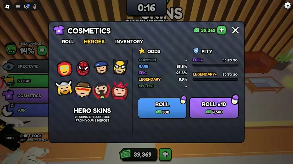 Cosmetics panel shows hero-skin pool, historical roll prices, odds and pity counters.