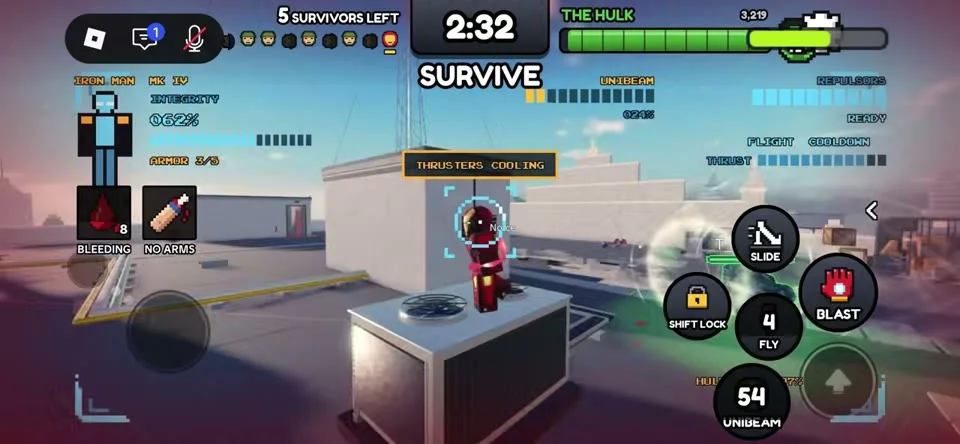 Iron Man mobile HUD displays flight cooldown and thrusters cooling.