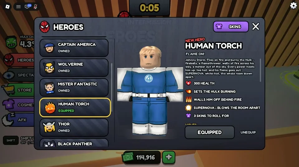 Human Torch hero panel lists fire abilities, overheating and Supernova.