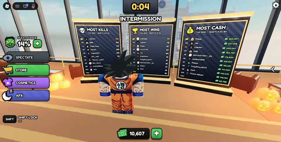 Intermission lobby with Spectate, Store, Cosmetics and AFK controls.