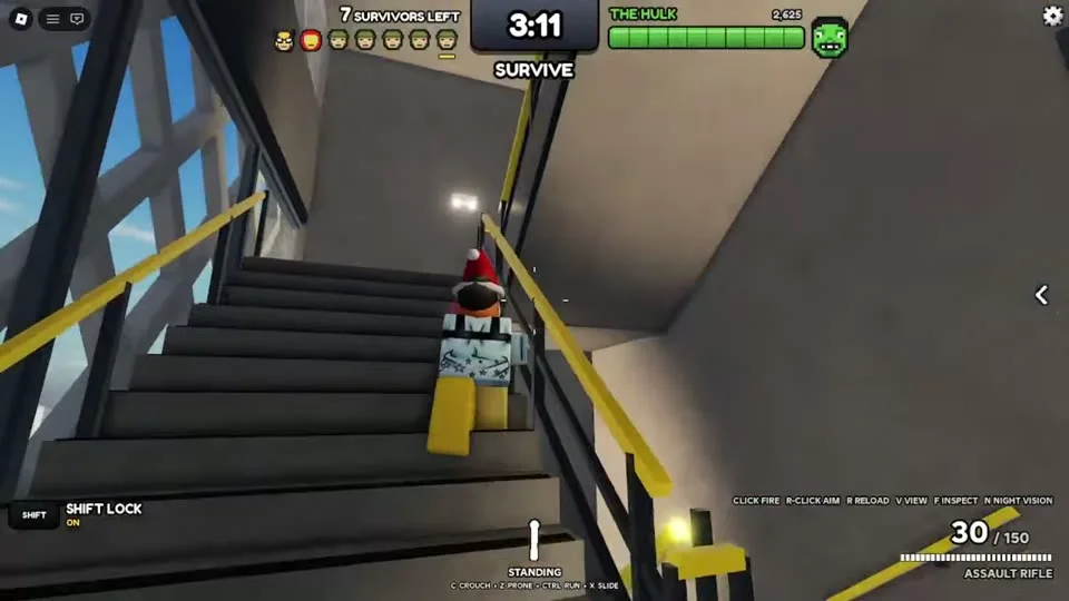 Soldier Assault Rifle ammunition, stance and action prompts in an interior stairwell.