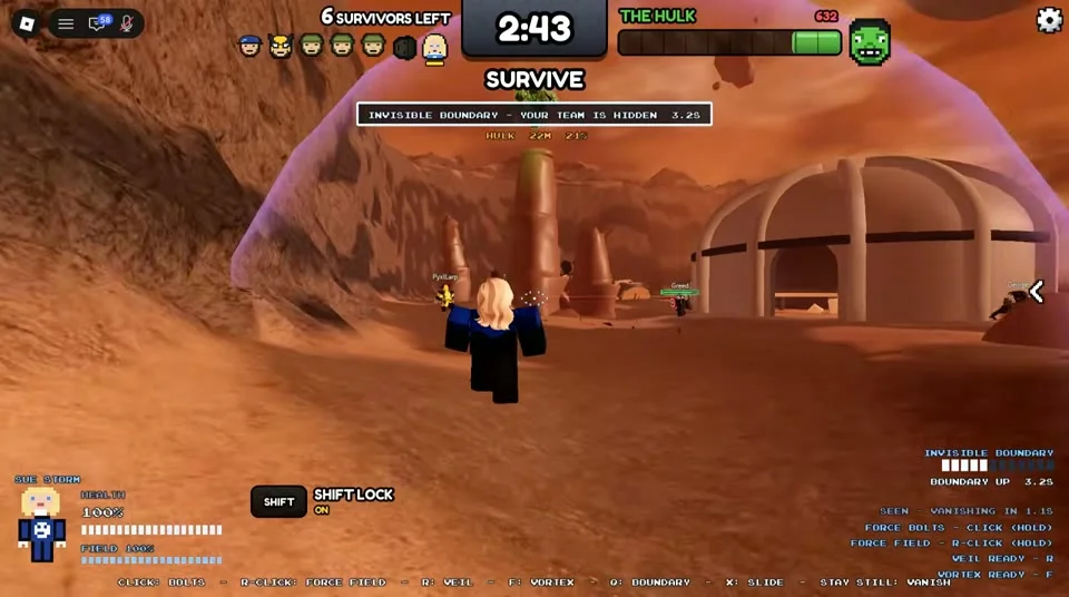 Sue Storm HUD reads that the team is hidden by Invisible Boundary.